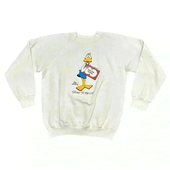 Vintage 80s John Baron Spend To The End Duck Cartoon Raglan Sweatshirt Size M - Picture 1 of 6